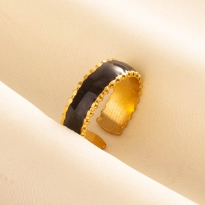 Bague ouverte en acier inoxydable 304 avec émail noir et bords perlés dorés