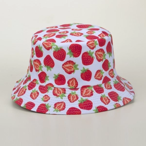 Chapeau bob blanc avec imprimé fraises frais et protection solaire en coton réversible