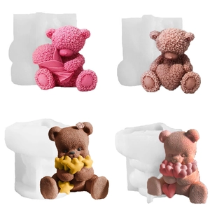 3D Teddy Bear Silicone Mold Heart Star Flower Fuzzy Texture DIY Scented Candle Plaster Craft Fondant Cake Decoration