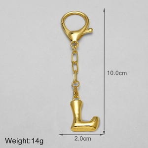 Detail view of 18k gold plated letter L keychain with precise 10.0cm height measurements