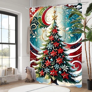 Détail du rideau de douche de Noël avec motifs floraux festifs et crochets métalliques
