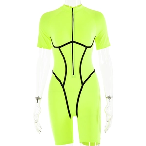 Fluorescent green bodysuit with black contrast piping and front half-zipper detail