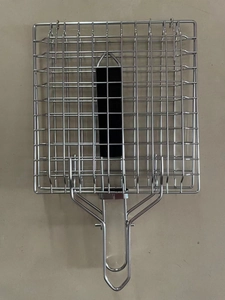 Rectangle stainless steel grill pan with perforated oil filter holes and a long wooden handle