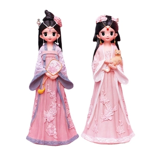 Cute ancient Chinese style girls figurines wearing Hanfu with fan and cat decor