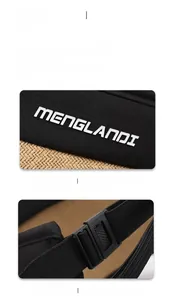 Detail of adjustable elastic strap and white embroidered logo on black sun hat