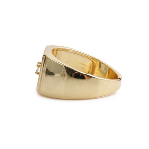 Golden wide band ring with shimmering star shell inlay and small side zircon stone