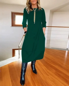 Solid deep green crew neck long sleeve maxi dress with side pockets for women