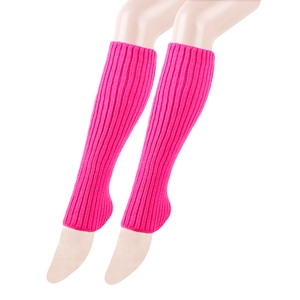 Close-up of pink knit leg warmers with ribbed cuffs and open-heel design on mannequin