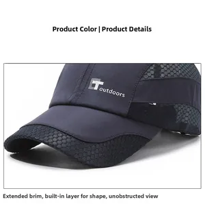 Detail of navy quick-dry sports cap showing breathable mesh panels and T outdoors logo