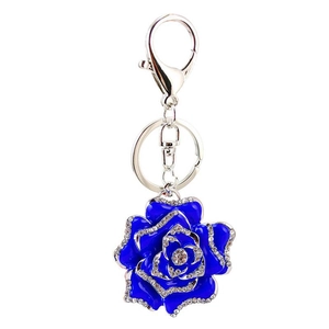 Sparkling blue crystal rose metal keychain with rhinestone accents on a white background