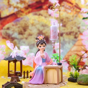 Detail of ancient Chinese style lady figurine with lantern in resin miniature scene