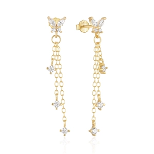 Close-up of golden S925 silver butterfly earrings with tassel chains and diamonds