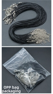 Detail of bulk black wax cord necklaces with lobster clasps in clear OPP bag