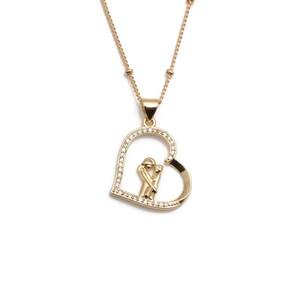 Golden heart necklace featuring mother and child embrace with sparkling diamond inlay