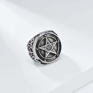 Retro stainless steel Lucifer ring with pentagram symbol in vintage silver punk finish