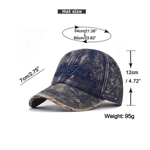 Detailed size chart for New York washed denim baseball cap with vintage distressed holes