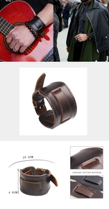 Classic dark brown wide genuine leather punk bracelet with dimensions and fit details