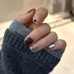 Press On Nails Short Square Round Star Pattern Black Glittery Silver Metallic Artificial Fingernails For Women