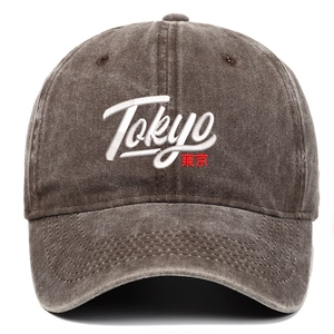 Detail of high-density Tokyo embroidery on vintage washed grey cotton baseball cap