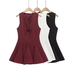 Women Sleeveless Pleated Dress Bow Tie Round Neck Elegant Solid Color A-Line Flare Party Short Mini Gown