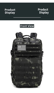 Tactical camo backpack detail featuring a removable US flag patch and tiered storage pockets