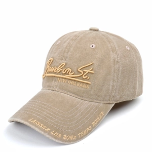 Detail of vintage washed cotton cap with 3D Bourbon St. embroidery and curved brim