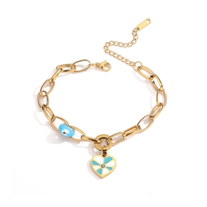 Golden stainless steel chain bracelet with evil eye bead and enamel heart pendant