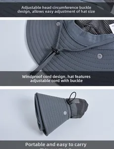 Détail de la sangle réglable, du cordon coupe-vent et du design pliable du chapeau gris