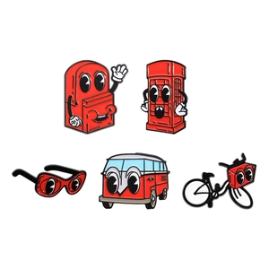 Set of 5 red vintage cartoon enamel pins including bus, phone booth, and bicycle