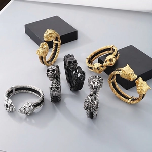 Punk Men Stainless Steel Wolf Lion Head Skull Open Cuff Bracelet Gothic Braided Leather Metal Wire Spliced Bangle Jewelry