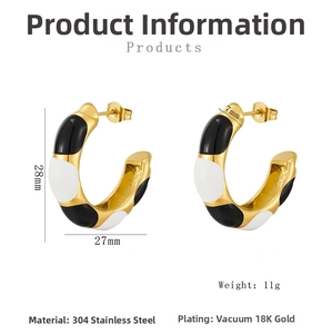 Detailed view of gold plated C-shaped enamel earrings showing 28mm height dimensions
