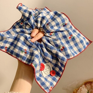 Oversized Scrunchie Hair Tie Blue Gingham Checked Fabric With Cherry Embroidery Red Buttons Retro Sweet Style For Women