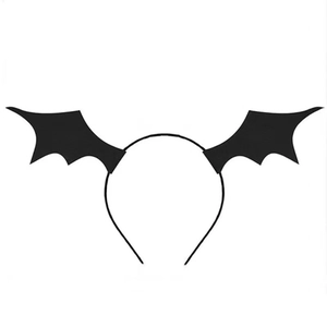 Detail of black Halloween headband featuring spring-mounted bat wings for party costume