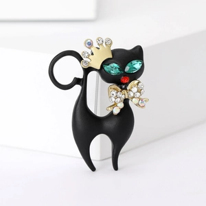 Black Cat Brooch Alloy Enamel Rhinestone Pin With Gold Crown Bowknot For Women Fashion Clothing Accessory Cute Animal