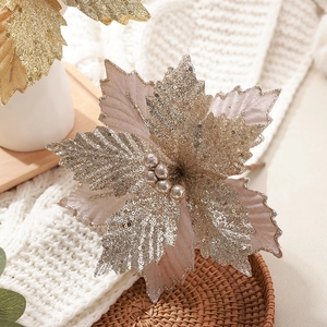 25cm champagne gold poinsettia flower decoration with glitter for Christmas tree