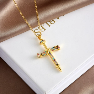 Luxury gold cross necklace with colorful zircon stones and nail pendant on O-chain