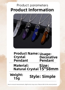 Detailed size chart for natural crystal point pendants with rose silver wrap, 15x58mm