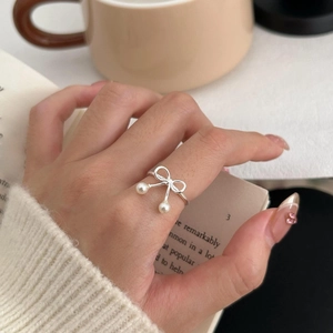 Bowknot Artificial Pearl Ring 925 Sterling Silver Adjustable Open Band Dainty Korean Style Jewelry For Women