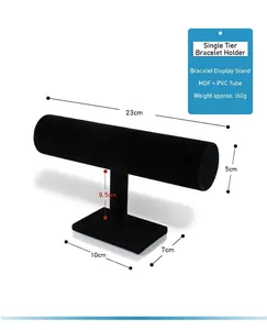 Detailed view of ice gray velvet single-tier T-bar jewelry display with precise dimensions