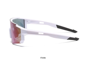 Side view of white frame sports sunglasses with red-orange reflective lenses for cycling