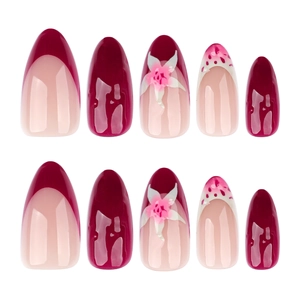 Short almond press-on nails set with burgundy polish and 3D floral art designs