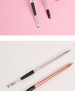 Close-up of a double-headed makeup brush with metallic handles and black synthetic bristles