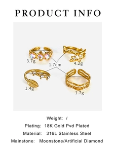 Detailed specs of 316L stainless steel moonstone ring set with 18K gold PVD plating