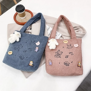 Fuffy lamb wool cartoon tote bag with space bear patch and plush charm for women