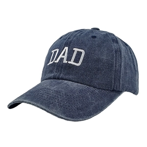 Detail of navy blue washed cotton baseball cap with white DAD embroidery on the front