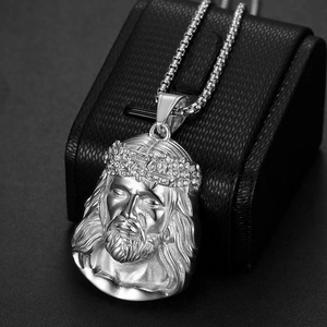 Hip-hop silver stainless steel Jesus pendant necklace with clear crystals on box chain