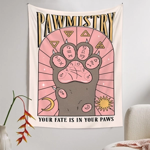 Detailed view of Pawmistry wall tapestry featuring a cat paw on a white wall decor