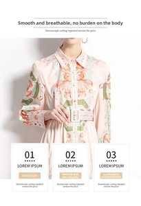 Detail of V-neck long-sleeve dress with sea shell patterns and waist tie