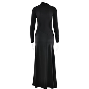 Rear view of slim fit black long sleeve maxi dress showing diagonal stitching detail