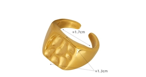 Detail view of gold-plated textured open ring with precise size measurements in cm
